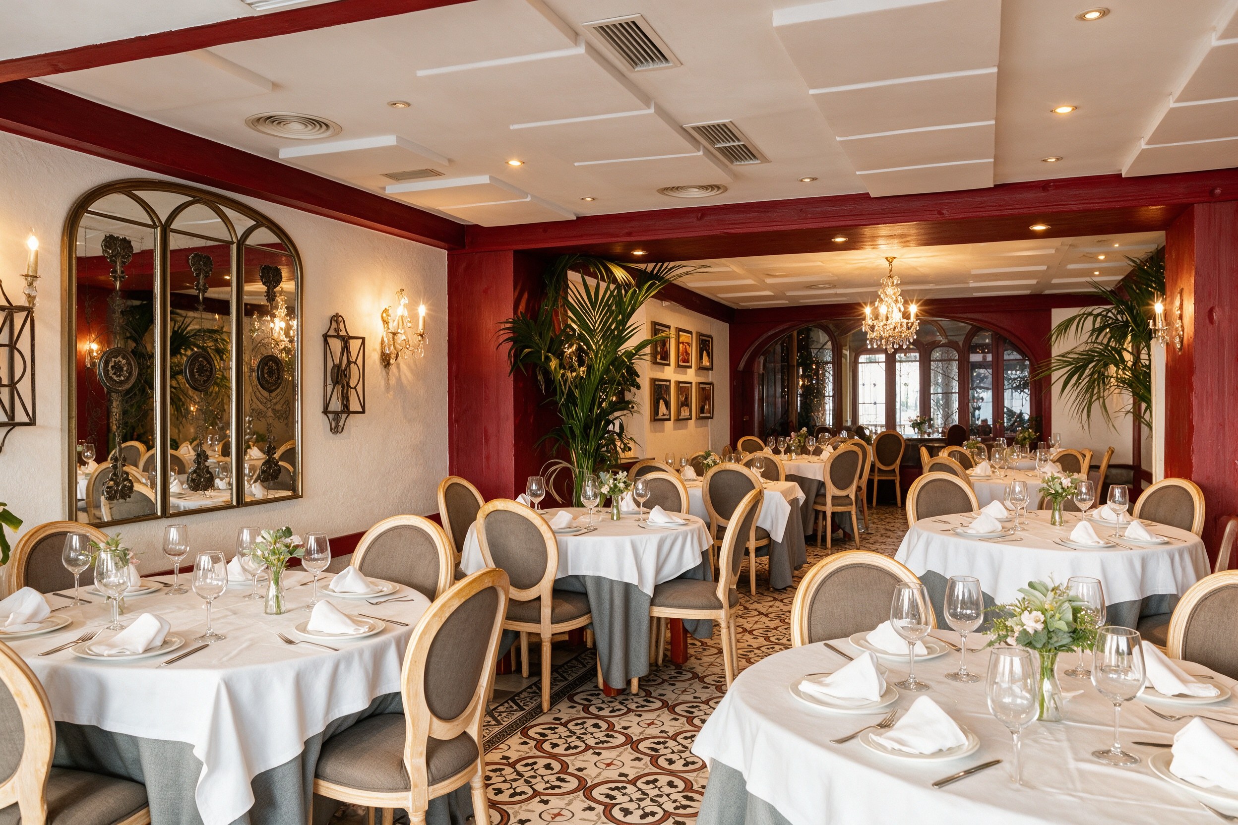 Salón elegante de restaurante con paredes rojas, espejos y mesas redondas con mantel blanco