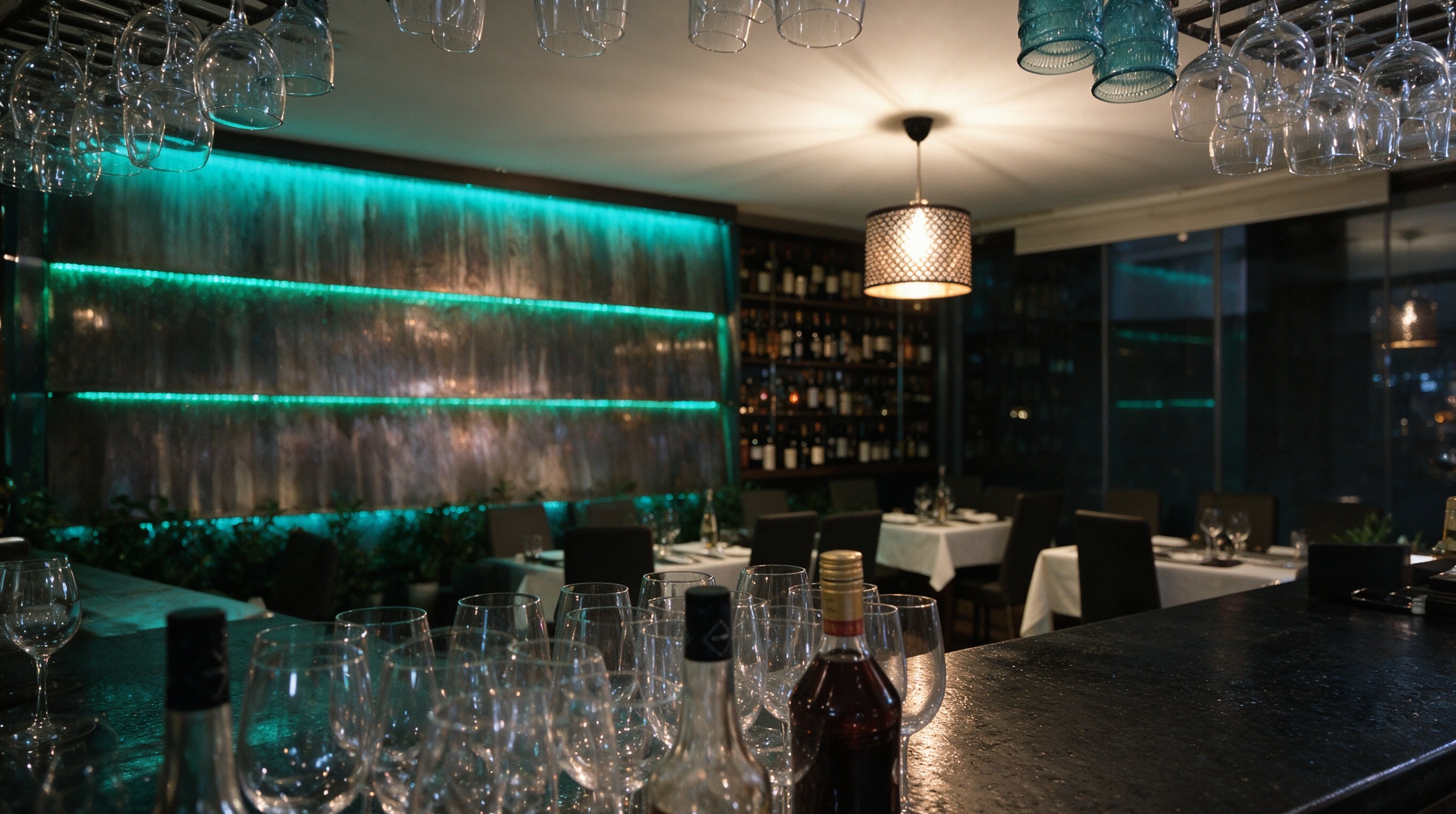 Barra moderna con copas colgadas, botellas y luz tenue de acento turquesa