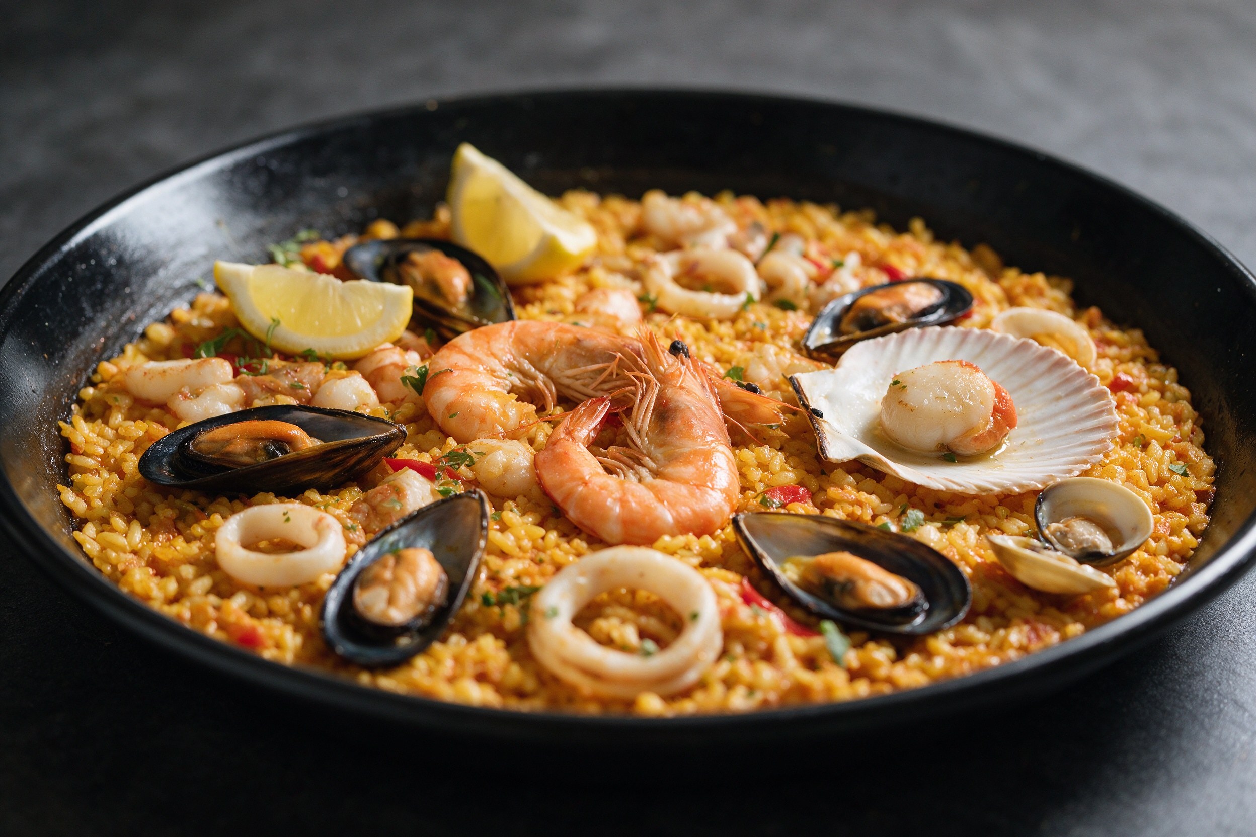 Paella de marisco en paella negra con gambas, mejillones, almejas y limón