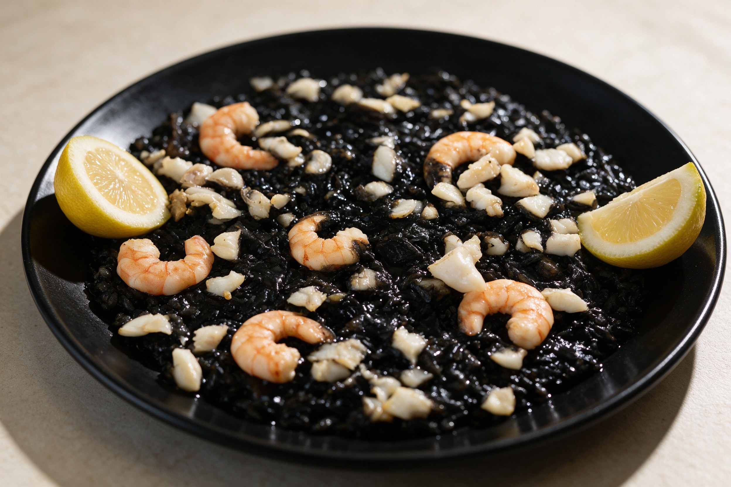 Arroz negro de calamar en paella negra con gambas y alioli