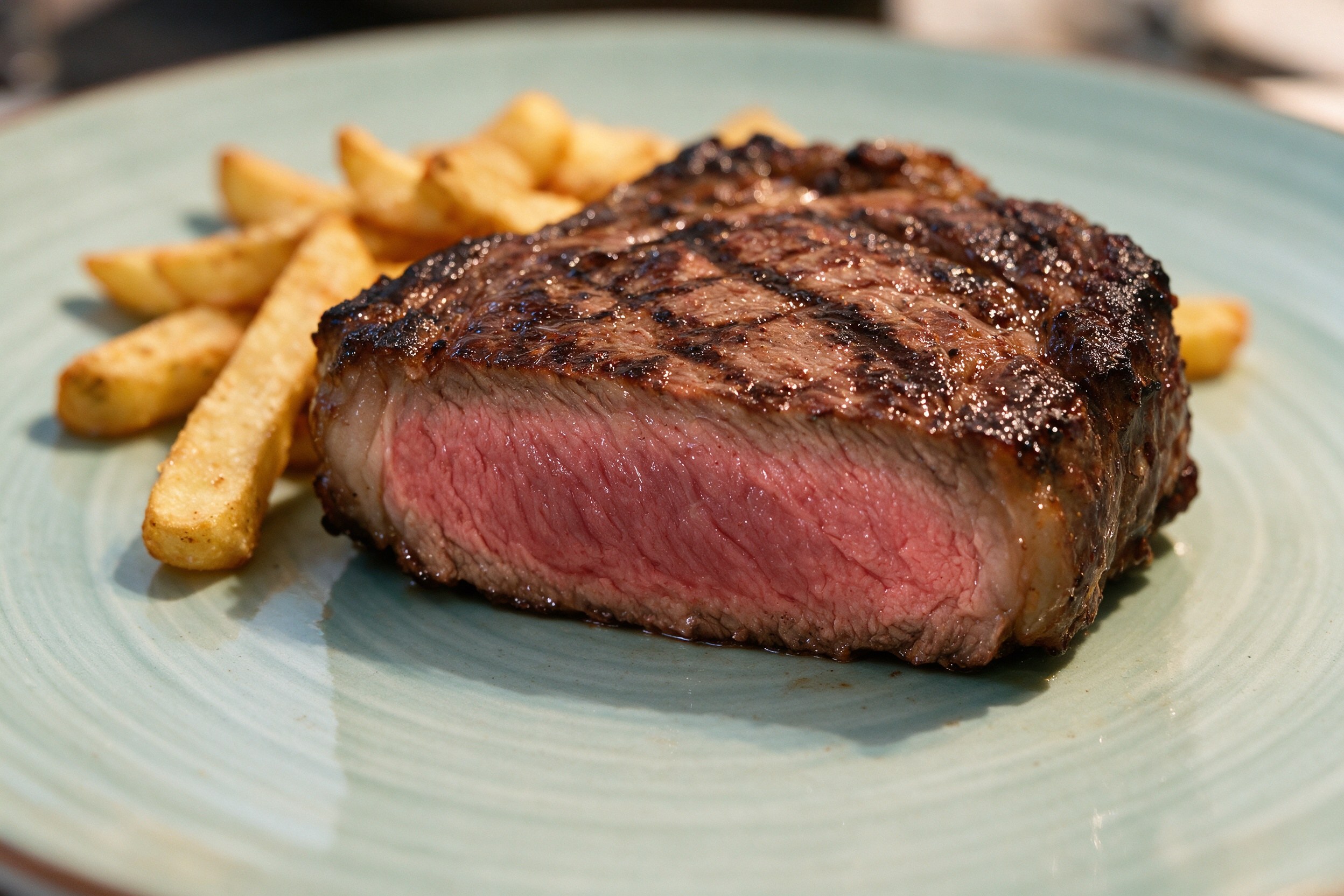 Solomillo a la brasa con marca de parrilla y patatas fritas doradas